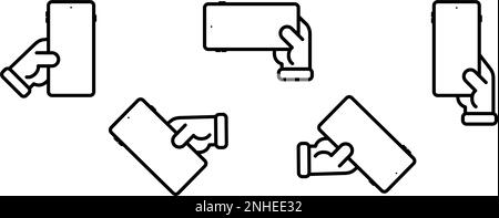 Symbolsatz einer Hand, die ein Mobiltelefon mit leerem Bildschirm in verschiedenen Positionen hält. vektordarstellung Stock Vektor