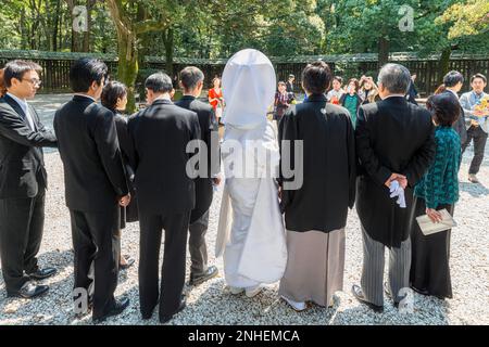 Tokio Japan. Traditionelle Hochzeitsfeier im Meiji-Jingu-Shinto-Schrein Stockfoto