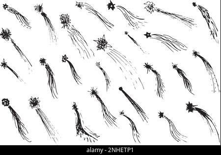 Sammlung von Kritzelkometen, Meteoriten und Sternschnuppen auf braunem Papphintergrund. Darstellung der Vektorskizze Stock Vektor