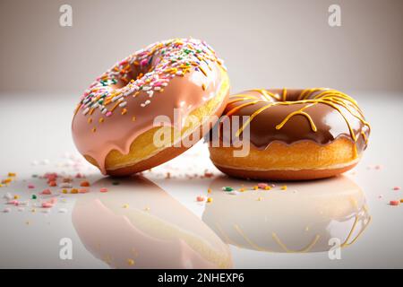 Nahaufnahme zweier köstlicher Donuts mit reichhaltiger Schokolade auf einem weißen Tisch. Mit der weichen Unschärfe im Hintergrund, die die zuckerhaltigen Leckereien hervorhebt Stockfoto