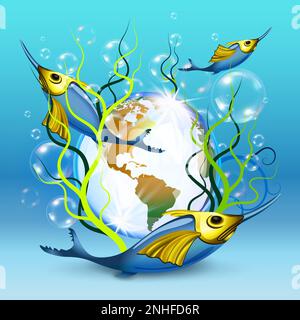 Unterwasserwelt mit drei blauen Schwertfischen, die um die Erde schwimmen, und Blasen, Allegorische Illustration Stock Vektor