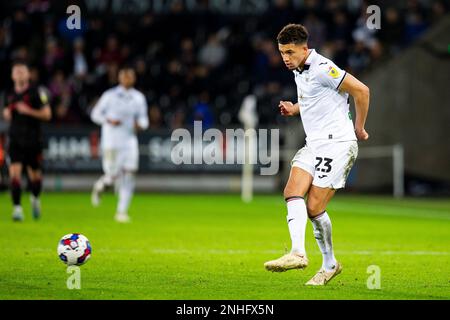 Swansea, Großbritannien. 21. Februar 2023. Nathan Wood aus Swansea City in Aktion. EFL Skybet Meisterschaftsspiel, Swansea City gegen Stoke City im Swansea.com Stadium in Swansea, Wales am Dienstag, den 21. Februar 2023. Dieses Bild darf nur zu redaktionellen Zwecken verwendet werden. Nur redaktionelle Verwendung, Lizenz für kommerzielle Verwendung erforderlich. Keine Verwendung bei Wetten, Spielen oder Veröffentlichungen von Clubs/Ligen/Spielern. Bild von Lewis Mitchell/Andrew Orchard Sportfotografie/Alamy Live News Kredit: Andrew Orchard Sportfotografie/Alamy Live News Stockfoto