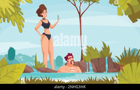 Sommerentspannung im Natur-Cartoon-Hintergrund mit Paaren, die zusammen in Thermalwasser schwimmen oder Flussflachvektoren-Illustration Stock Vektor