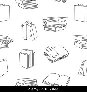 Bücher zeichnen ein nahtloses Muster aus. Linienhintergrund für geschlossene und offene Bücher. Literatur, Wörterbücher, Planer, handgemalte Muster. Vektordarstellung Stock Vektor