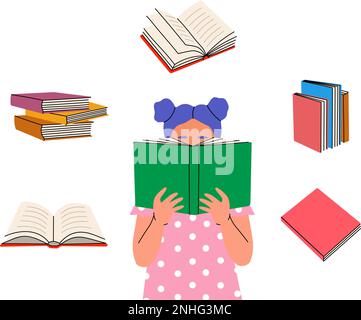 Mädchen liest Buch. Geschlossene und offene Bücher. Illustration für Buchladen, Bibliothek, Buchladen. Literatur, Wörterbücher, Planer. Vektordarstellung Stock Vektor