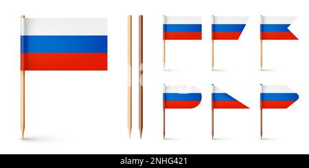 Realistische verschiedene russische Zahnstocher-Flaggen. Souvenir aus Russland. Zahnstocher aus Holz mit Papierfahne. Positionsmarke, Kartenzeiger. Leeres Modell für Stock Vektor
