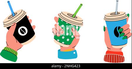 Hand mit Kaffeetassen-Set. Einweg-Kaffeetasse mit Handgriff. Matcha Tee, Kakao, Espresso. Vektordarstellung Stock Vektor