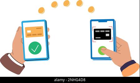 Mobile Zahlungstransfers. Mobile Banking-App und elektronische Zahlung. Personen, die drahtlos Geld senden und empfangen, kontaktlose NFC-Zahlungen. Mobile Geldbörse Stock Vektor