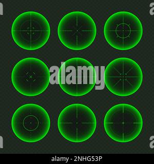 Verschiedene Waffen Nachtsicht, Scharfschützengewehr optische Scopes. Jagdgewehr-Sucher mit Fadenkreuz. Ziel, schießen Marke Symbol. Militärisches Zielschild Stock Vektor