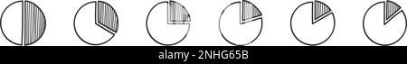 Set aus Donut- oder Tortendiagrammen. Handgezeichnete Kreisdiagramme mit getrennten Fragmenten. Statistiken Infografik Skizzendiagramme. Runde Formen mit schraffierten Schichten. Grafische Vektordarstellung Stock Vektor