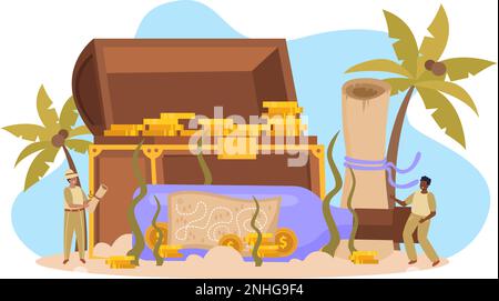 Schatzsuche flache Komposition mit Karte in einer Flasche alter Truhe mit Goldmünzen auf Sand und zwei winzigen Menschen Vektorgrafik Stock Vektor