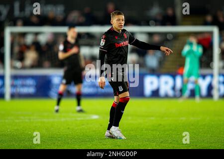 Swansea, Großbritannien. 21. Februar 2023. Dwight Gayle von Stoke City in Aktion. EFL Skybet Meisterschaftsspiel, Swansea City gegen Stoke City im Swansea.com Stadium in Swansea, Wales am Dienstag, den 21. Februar 2023. Dieses Bild darf nur zu redaktionellen Zwecken verwendet werden. Nur redaktionelle Verwendung, Lizenz für kommerzielle Verwendung erforderlich. Keine Verwendung bei Wetten, Spielen oder Veröffentlichungen von Clubs/Ligen/Spielern. Bild von Lewis Mitchell/Andrew Orchard Sportfotografie/Alamy Live News Kredit: Andrew Orchard Sportfotografie/Alamy Live News Stockfoto