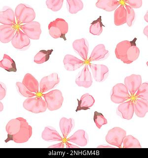 Kirschsakura Blüte nahtloses Muster Rosa flach. Frühlingsspüle japanisch chinesisch Wickelpapier Texturmuster Textildesign Tischgeschirr Möbel Tapete Hintergrund Geschenkaufkleber tropischer Garten romantisch Stock Vektor
