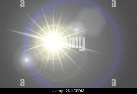 Sonnenlichter beeinflussen eine realistische Komposition mit transparentem Hintergrund und optischen Blendenflecken mit Vektordarstellung der strahlenden Sonnenkreisstrahlen Stock Vektor