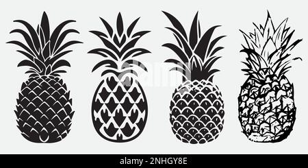 Vektor-Set mit fünf Ananasfrüchten. Tropische Sommerferien. Design für Druck. Schwarzweiß-Illustration Stock Vektor