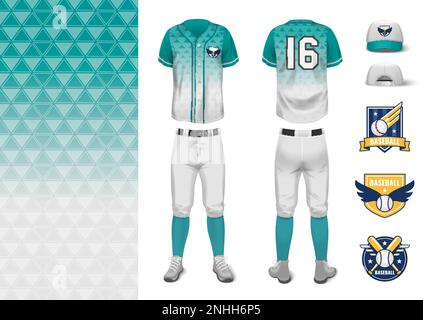 Baseballtrikot Uniform Modell realistisches Set mit Strümpfen Hemden Hosen Stiefel Kappe isolierte Vektordarstellung Stock Vektor