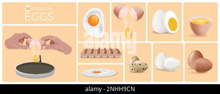 Eier kochen realistische Zusammensetzung Set rohe Feuer gekochte Hühnchen und Wachteleier Vektordarstellung Stock Vektor