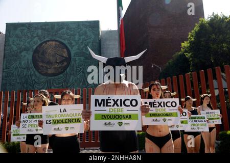 Mexiko-Stadt, Mexiko. 21. Februar 2023. Die Organisation Animal Heroes verklagt Gesetzgeber, Stierkämpfe in Mexiko zu verbieten, bei einem Protest vor der Abgeordnetenkammer in Mexiko-Stadt. Am 21. Februar 2023 in Mexico City, Mexiko (Kreditbild: © Autor/Eyepix via ZUMA Press Wire) NUR REDAKTIONELLE VERWENDUNG! Nicht für den kommerziellen GEBRAUCH! Stockfoto