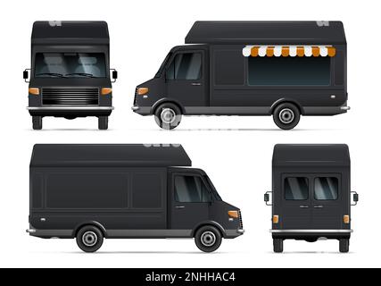 Realistische Darstellung von schwarzen Food Trucks mit Vorder- und Seitenansichten, isoliert vor weißem Hintergrund Stock Vektor