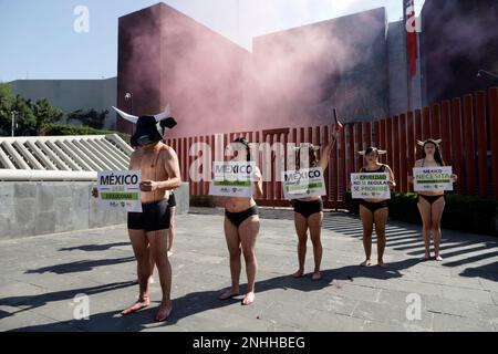 Mexiko-Stadt, Mexiko. 21. Februar 2023. Die Organisation Animal Heroes verklagt Gesetzgeber, Stierkämpfe in Mexiko zu verbieten, bei einem Protest vor der Abgeordnetenkammer in Mexiko-Stadt. Am 21. Februar 2023 in Mexico City, Mexiko (Kreditbild: © Autor/Eyepix via ZUMA Press Wire) NUR REDAKTIONELLE VERWENDUNG! Nicht für den kommerziellen GEBRAUCH! Stockfoto