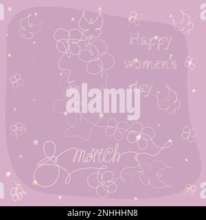 Abstraktes weibliches Gesicht in einer durchgehenden Linie mit Blumen, Schmetterlingen und Schriftzug 8. März und Happy Womens Day. Liniendesign für Banner, Poster, Glückwünsche oder Einladung, Web oder Label. EPS Stock Vektor