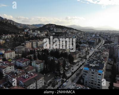 Antakya, Hatay, Türkei Drohne Filmmaterial - 10. Februar 2023: Erdbeben in der Türkei, Kahramanmaras, Gaziantep, Adana, Hatay, Adiyaman, Februar 2023, Earthqu Stockfoto