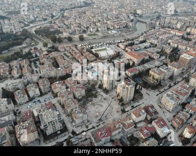 Antakya, Hatay, Türkei Drohne Filmmaterial - 11. Februar 2023: Erdbeben in der Türkei, Kahramanmaras, Gaziantep, Adana, Hatay, Adiyaman, Februar 2023, Earthqu Stockfoto