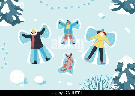 Winterurlaub flacher Hintergrund mit Draufsicht auf glückliche Familie und Hund, die Schneeengel machen Vektordarstellung Stock Vektor