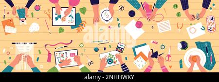 Basteln Sie Hobby flacher Hintergrund mit Blick auf menschliche Hände malen Sie ein Sammelalbum und machen Sie Keramik Stickerei Nähen Stricken Vektordarstellung Stock Vektor