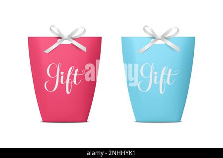 Vector 3D realistische Geschenktasche aus Papier in Pink und Blau, Karton zum Geburtstag oder zur Party mit Seidenschleife, Band. Tragetasche für Geschenkset isoliert auf Weiß Stock Vektor