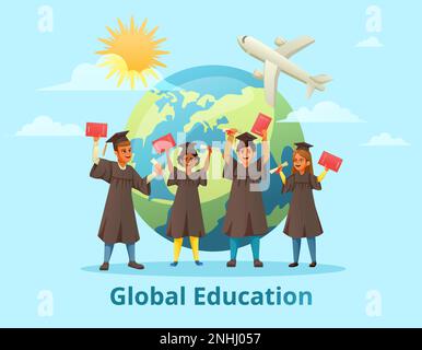Globale Ausbildung Schüleraustausch Cartoon Hintergrund Komposition mit Gruppe von graduierten Schülern Erde Globus und Flugzeugvektordarstellung Stock Vektor