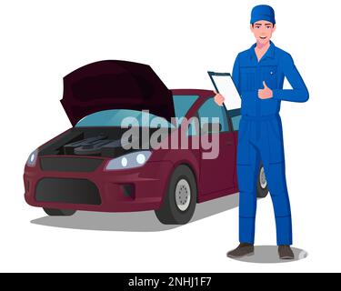 Autoingenieur-Figur, die ein Auto wartet, Mechaniker, der blaue Jumpsuit-Daumen nach oben trägt, Vektordatei Stock Vektor