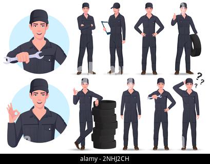 Zeichensatz für Automechaniker mit verschiedenen Posen und Gesten Vektorabbildungen Stock Vektor
