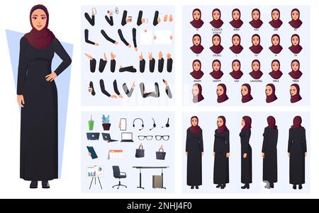 Moslem Arabic Woman Character Creation Pack mit Frau in schwarzem Bademantel und rotem Hijab, Mundanimation, Körperteilen, Handgesten und Büroartikeln Stock Vektor