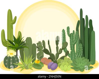 Kaktusblütenbeet mit verschiedenen Kakteen vor Sonnenaufgang oder Sonnenuntergang Skyline Vektorzeichnung Stock Vektor