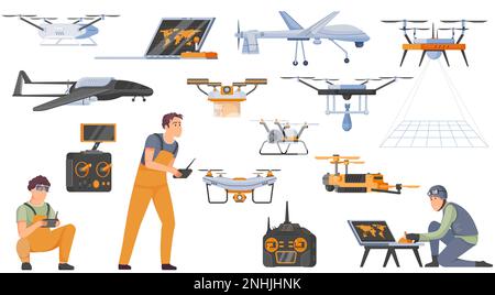 Drohnen-Symbole mit unbemannten Luftfahrzeugen Symbole flache isolierte Vektordarstellung Stock Vektor