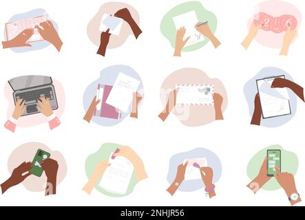 Hände flache Symbole mit menschlichen Handflächen, die verschiedene Objekte enthalten isolierte Vektordarstellung Stock Vektor