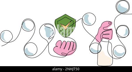 Kontinuierliches einzeiliges Zeichnen der Hand bei der Arbeit mit Desinfektionsspray und Mikrofasertuch zu Hause Konzept der Desinfektion. Text und Markenlogo lassen sich einfach platzieren. Vektordarstellung Stock Vektor