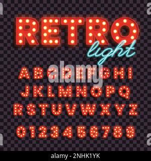 lateinisches Alphabet mit Glühlampen im Retro-Stil auf transparentem Hintergrund realistische Vektordarstellung Stock Vektor