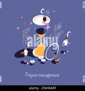 Abstrakter Hintergrund zum Projektmanagement mit einem Team von Partnern kleine Figuren, die sich um eine große isometrische Vektordarstellung aus Sandglas versammelt haben Stock Vektor