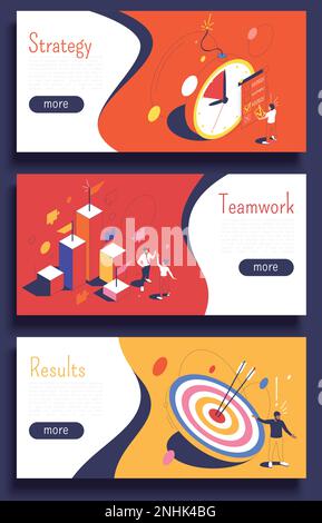 Projektmanagement drei horizontale Banner mit Informationen zu den Ergebnissen der Strategieteams isometrische Vektordarstellung Stock Vektor