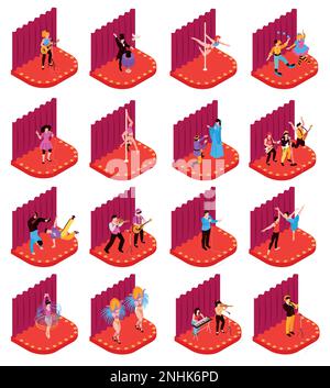 Isometrischer Satz verschiedener Künstler, die auf der roten Bühne auftreten, mit isolierten Vorhängen auf weißem Hintergrund, 3D-Vektordarstellung Stock Vektor