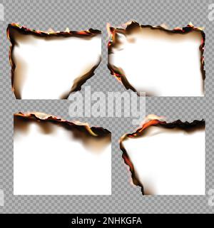 Symbol für realistisch verbrannte Papiere setzt vier verbrannte weiße Papierstücke auf transparente Vektordarstellung Stock Vektor