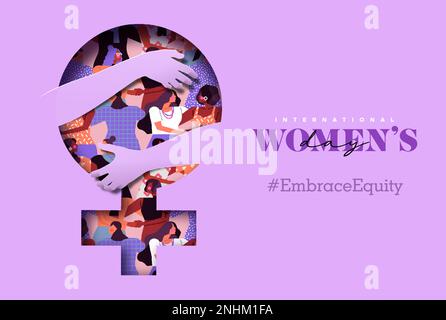 Illustration der Grußkarte zum Internationalen Frauentag. 3D papiergeschnittene Menschenhände, die weibliches Symbol umarmen, mit einer vielfältigen Frauengruppe. Papierhandwerkdesign für f Stock Vektor