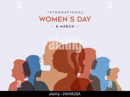 Internationale Grußkarte zum Frauentag, verschiedene Persönlichkeitsprofile in transparenten Farben auf isoliertem Hintergrund. Unterschiedliche ethnische Zugehörigkeit Stock Vektor