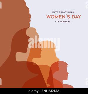 Internationale Grußkarte zum Frauentag, verschiedene Silhouetten in transparenten Pastelltönen auf isoliertem Hintergrund. Unterschiedliche ethnische Zugehörigkeit f Stock Vektor