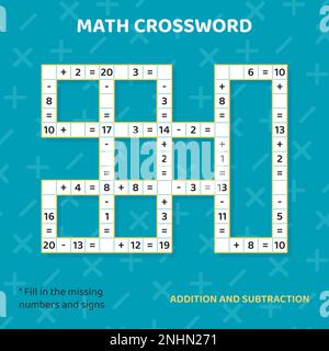 Mathematik-Kreuzworträtsel für Kinder. Addition und Subtraktion. Stock Vektor