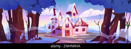 Winterlandschaft mit verschneitem Wald und Dorfhaus. Naturszene mit Landhaus unter weißem Schnee, Garten mit Bäumen und Büschen, Vektorzeichner Stock Vektor