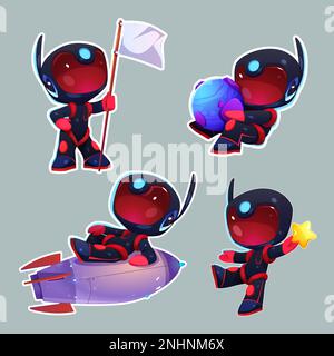 Aufkleberpack, Set mit Astronauten im Weltraum-Cartoon-Vektorbild. Isolierter Raumfahrer auf Rakete, Planet isolieren. Süßer schwarzer Roboter mit weißer Flagge und Stern. Komisches rpg-Galaxie-Asset-Design. Stock Vektor