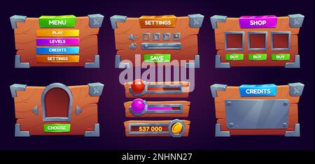 Set aus Holzbrettern mit eisernen Ecken für das UI-Design des Spiels, isoliert auf dem Hintergrund. Vektor-Cartoon-Darstellung von Holztexturmenü, Einstellungen, Punktzahl, Bilderrahmen. Lautstärkepegel, Speichern, Kaufen Stock Vektor